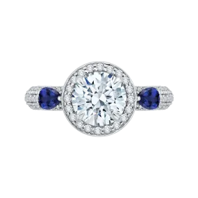 14K White Gold Round Diamond Halo Engagement Ring with Sapphire (Semi Mount)