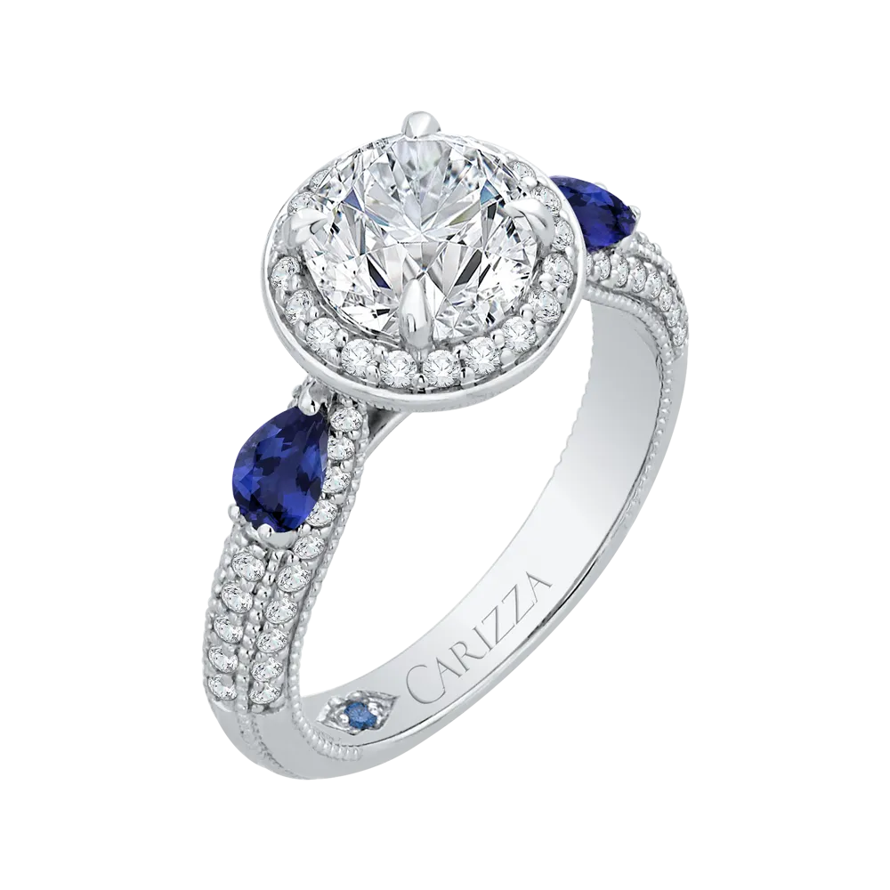 14K White Gold Round Diamond Halo Engagement Ring with Sapphire (Semi Mount)