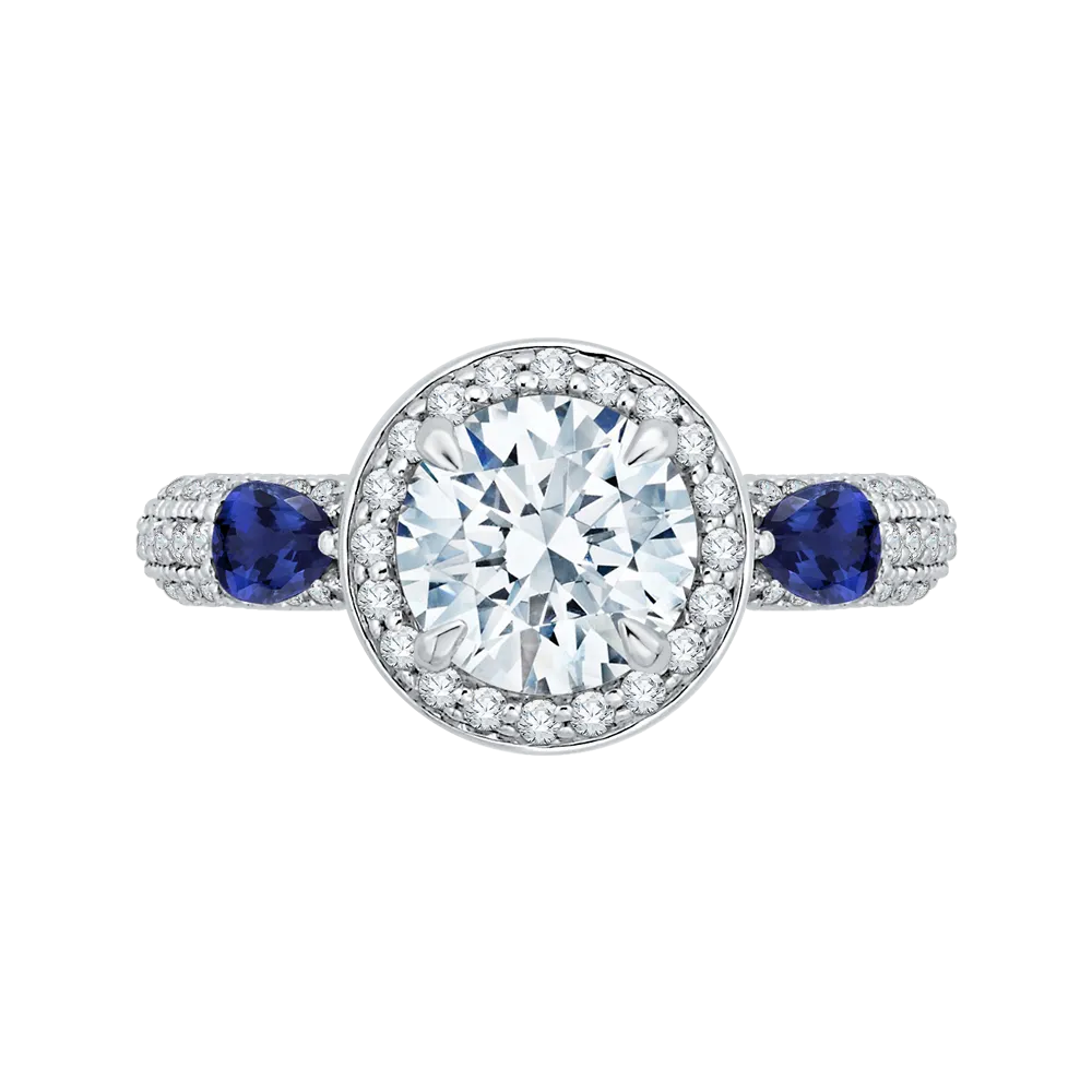 14K White Gold Round Diamond Halo Engagement Ring with Sapphire (Semi Mount)