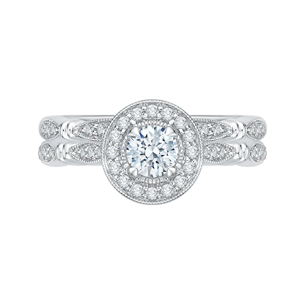 14K White Gold Round Diamond Halo Vintage Engagement Ring