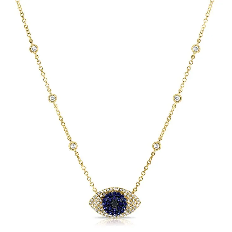 14K Yellow Diamond Sapphire Evil Eye Necklace