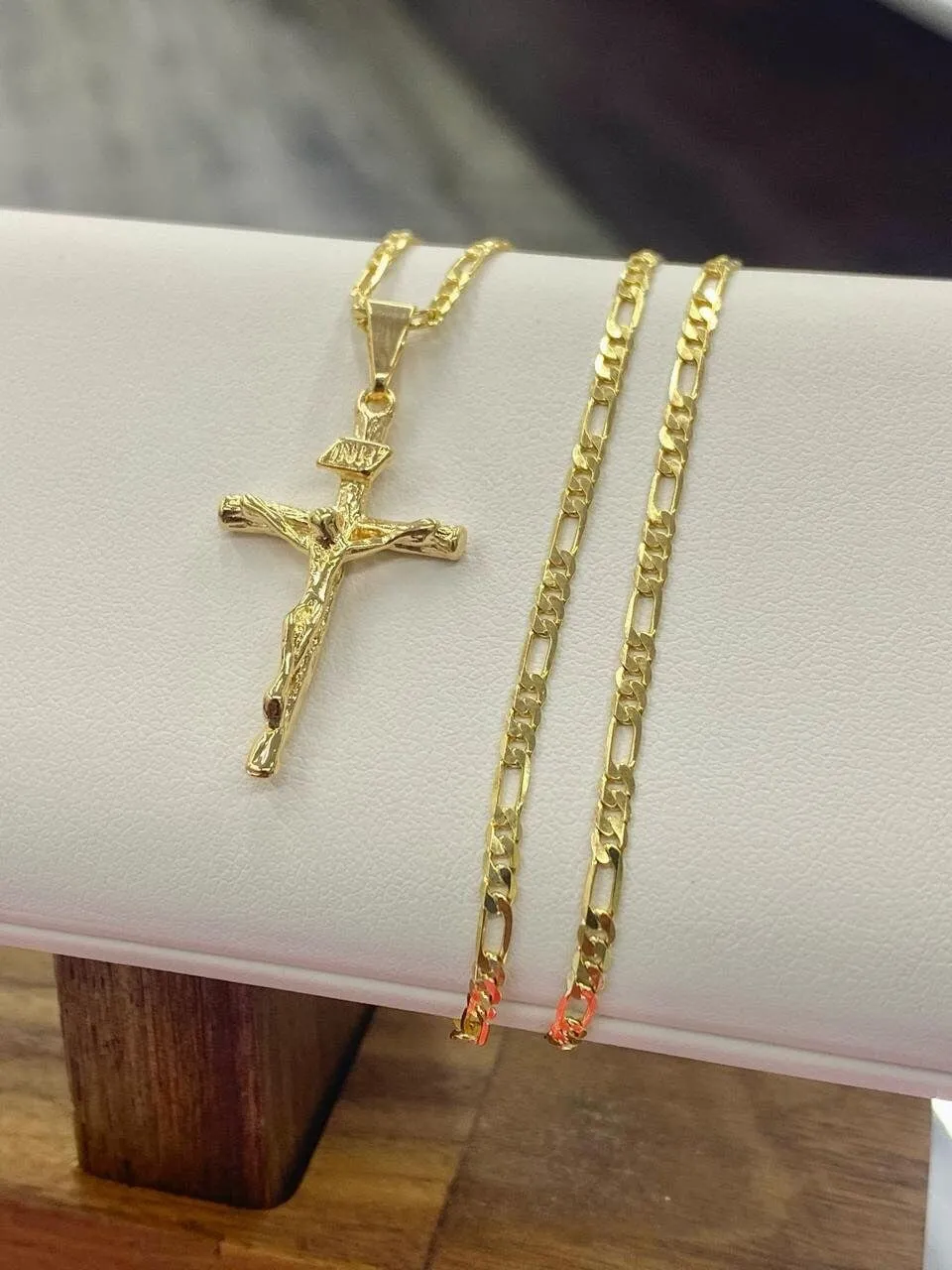 14K Yellow GF Rustic Cross Necklace Figaro Chain 24"  Catholics Crucifix Jewelry Gifts For Mens Boys