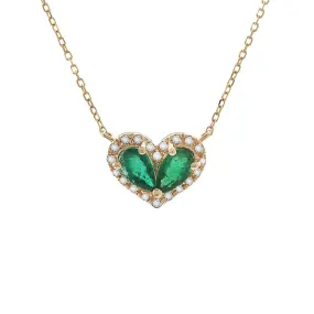 14K Yellow Gold Diamond and Pear Emerald Heart Necklace