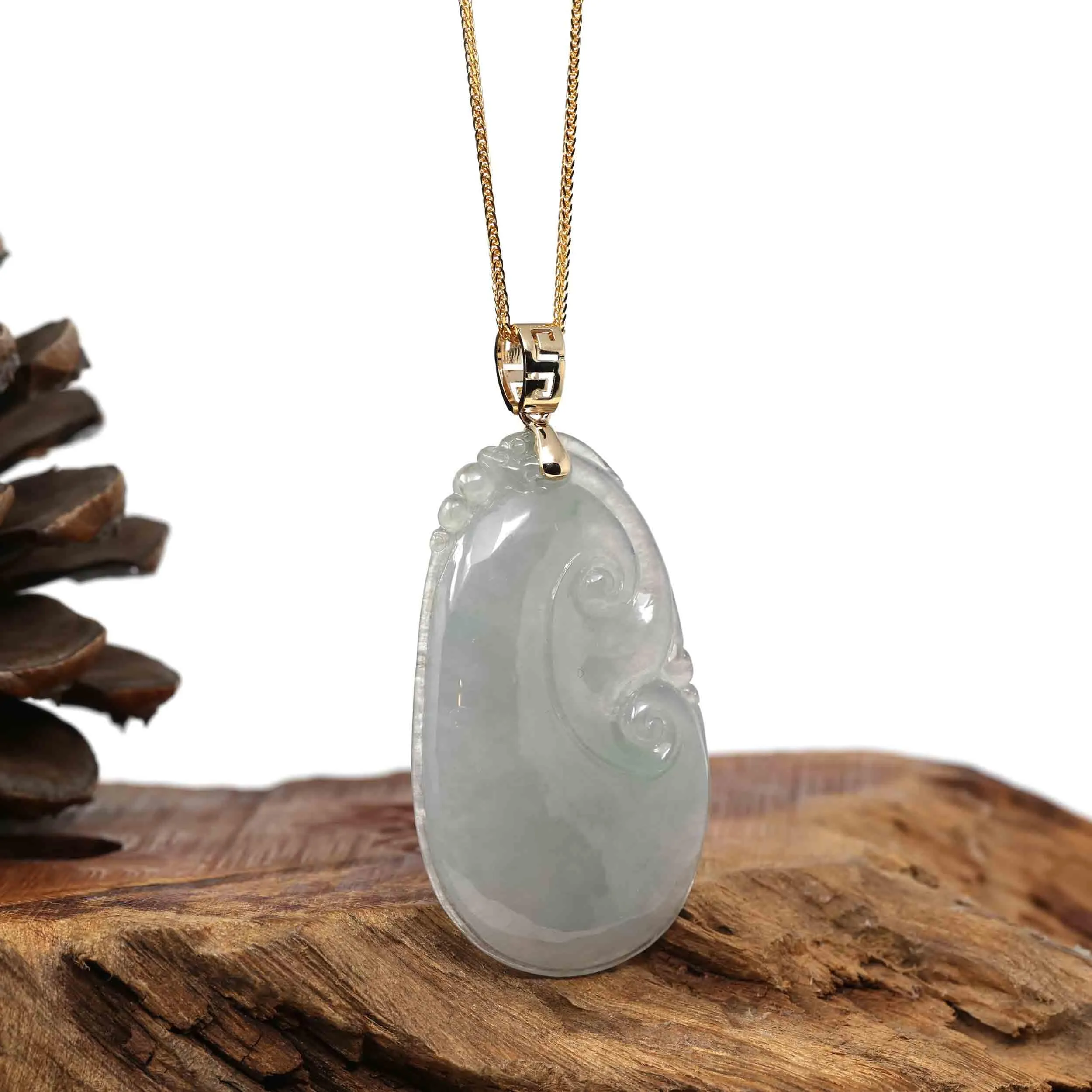 14k Yellow Gold Genuine Burmese Light Lavender Jadeite Happiness and Safety (Fu & Pingan) Pendant Necklace