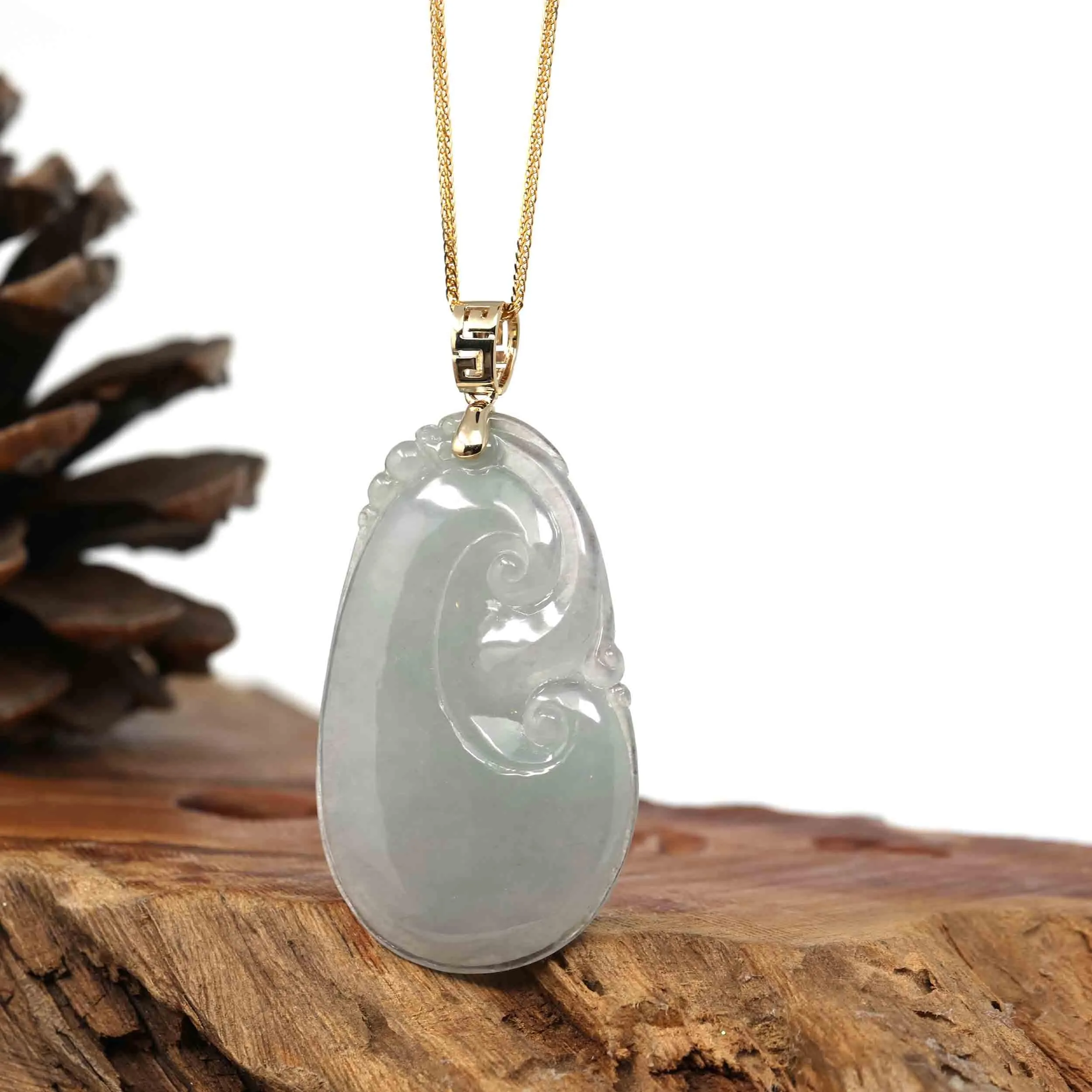 14k Yellow Gold Genuine Burmese Light Lavender Jadeite Happiness and Safety (Fu & Pingan) Pendant Necklace