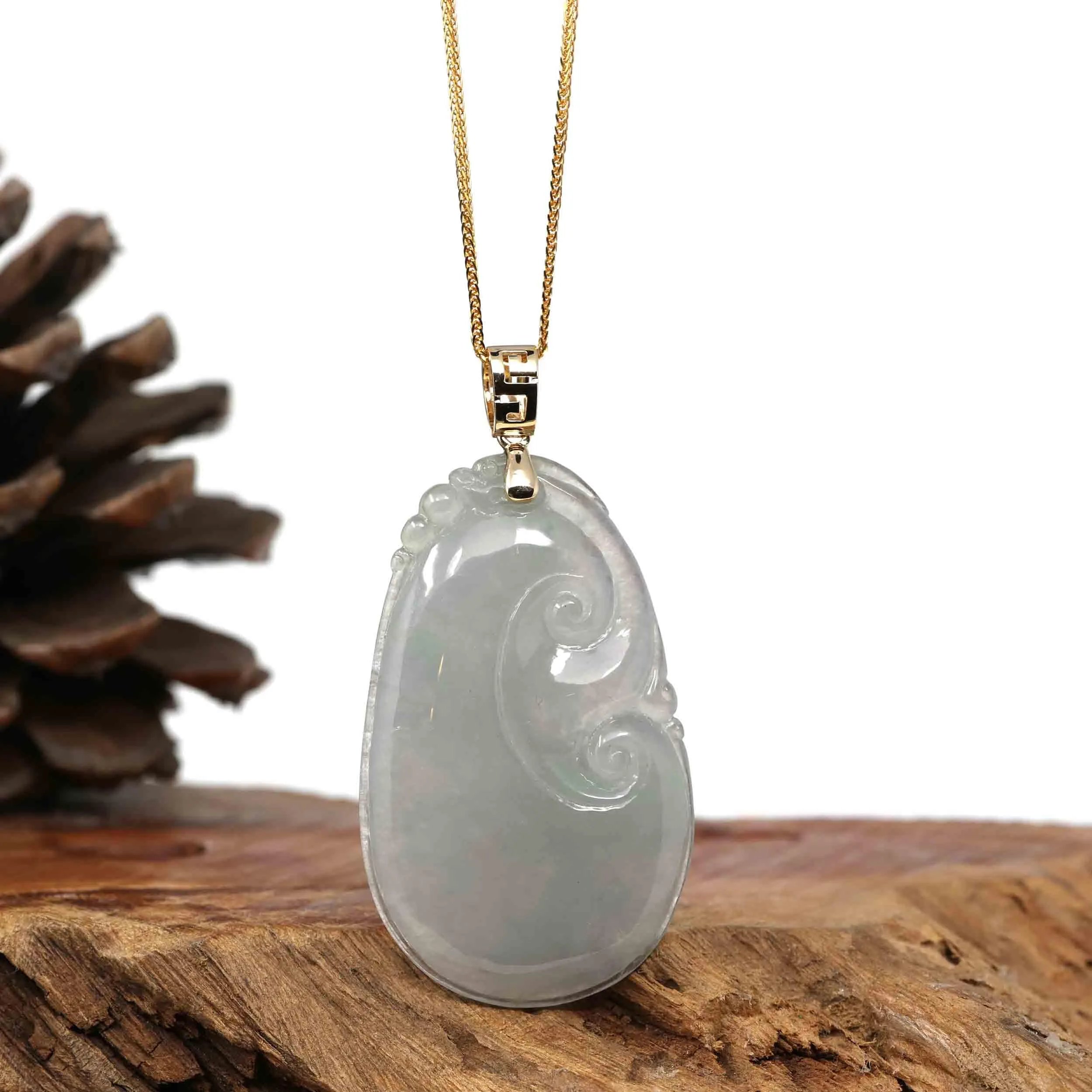 14k Yellow Gold Genuine Burmese Light Lavender Jadeite Happiness and Safety (Fu & Pingan) Pendant Necklace