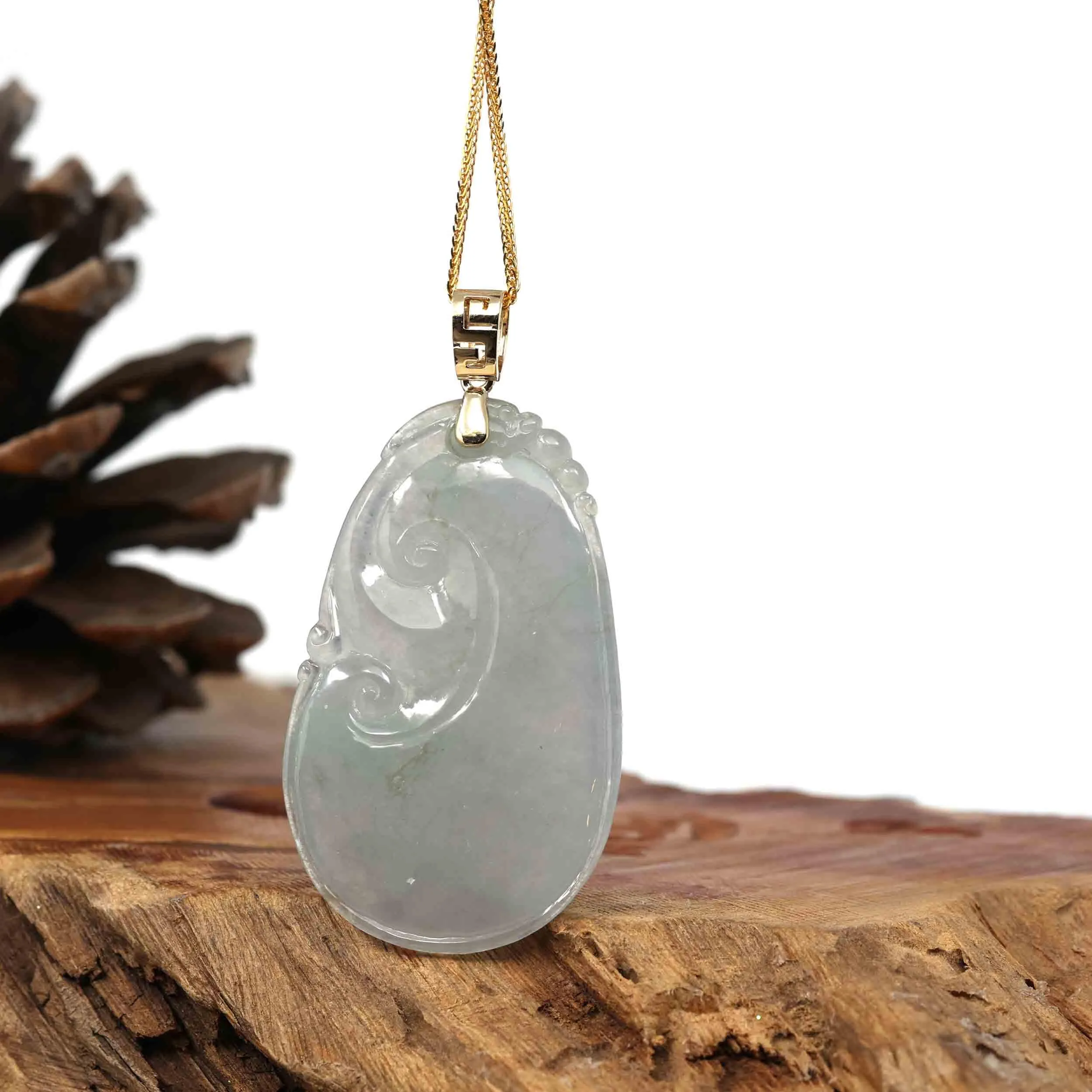 14k Yellow Gold Genuine Burmese Light Lavender Jadeite Happiness and Safety (Fu & Pingan) Pendant Necklace