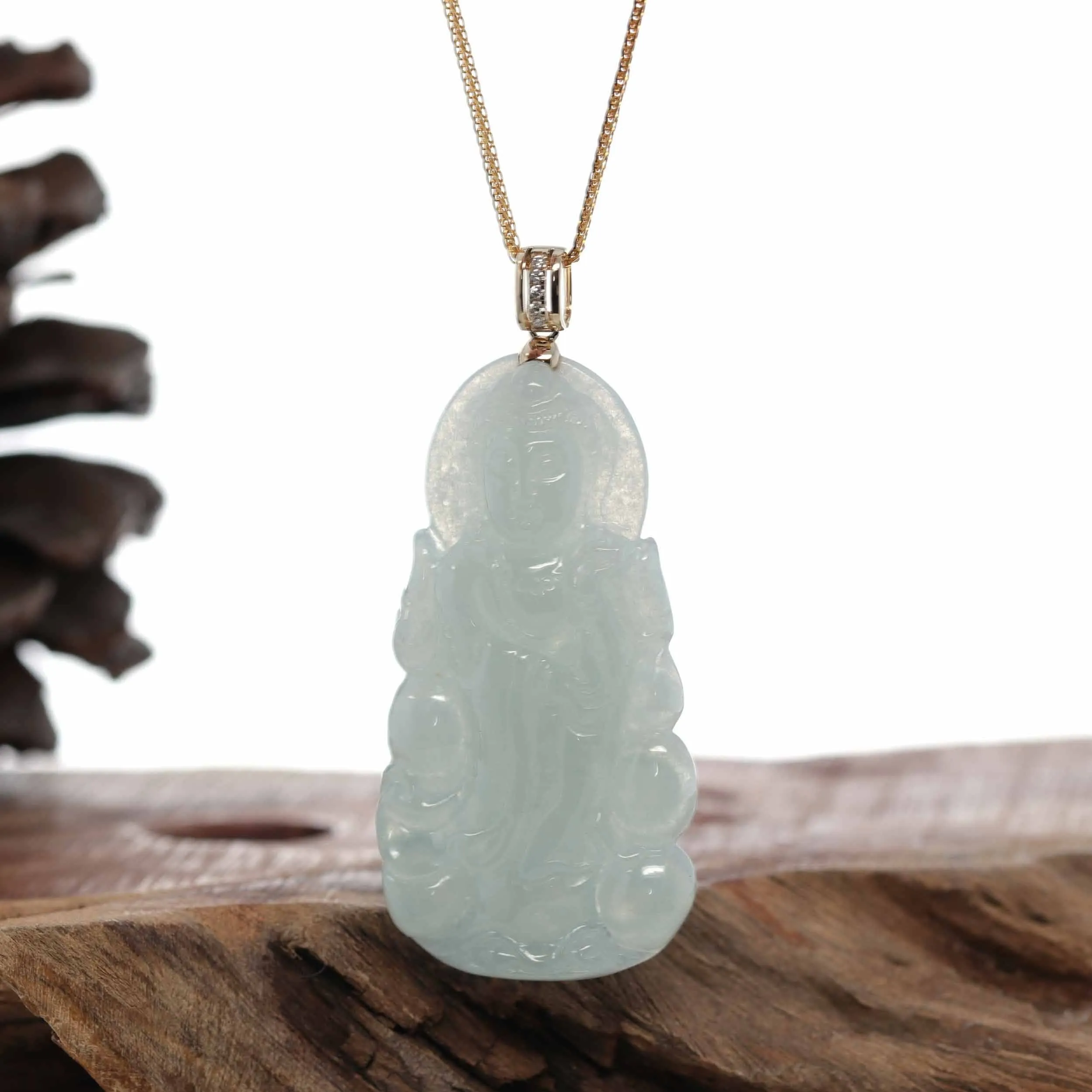 14k Yellow Gold "Goddess of Compassion" Genuine Ice Burmese Jadeite Jade Guanyin Necklace With Gold Bail