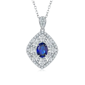 1.5 Carat Oval Lab Created Sapphire/Emerald Halo Necklace in S925 Silver Plated Platinum