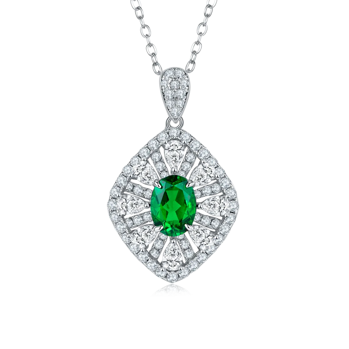 1.5 Carat Oval Lab Created Sapphire/Emerald Halo Necklace in S925 Silver Plated Platinum