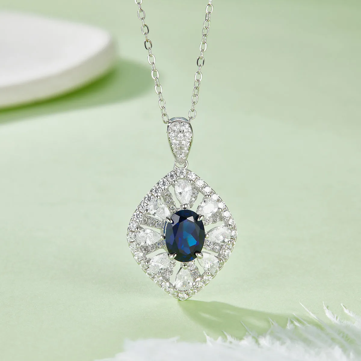 1.5 Carat Oval Lab Created Sapphire/Emerald Halo Necklace in S925 Silver Plated Platinum