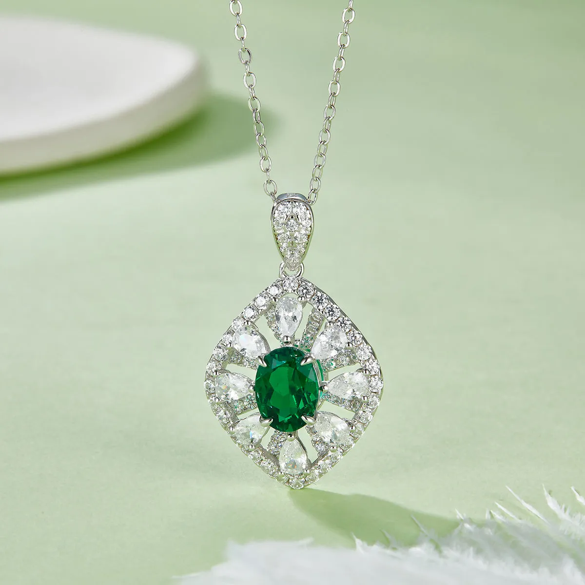 1.5 Carat Oval Lab Created Sapphire/Emerald Halo Necklace in S925 Silver Plated Platinum