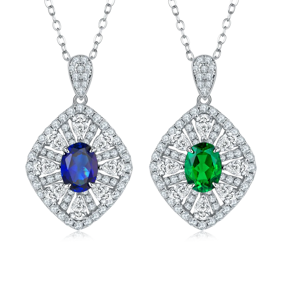 1.5 Carat Oval Lab Created Sapphire/Emerald Halo Necklace in S925 Silver Plated Platinum