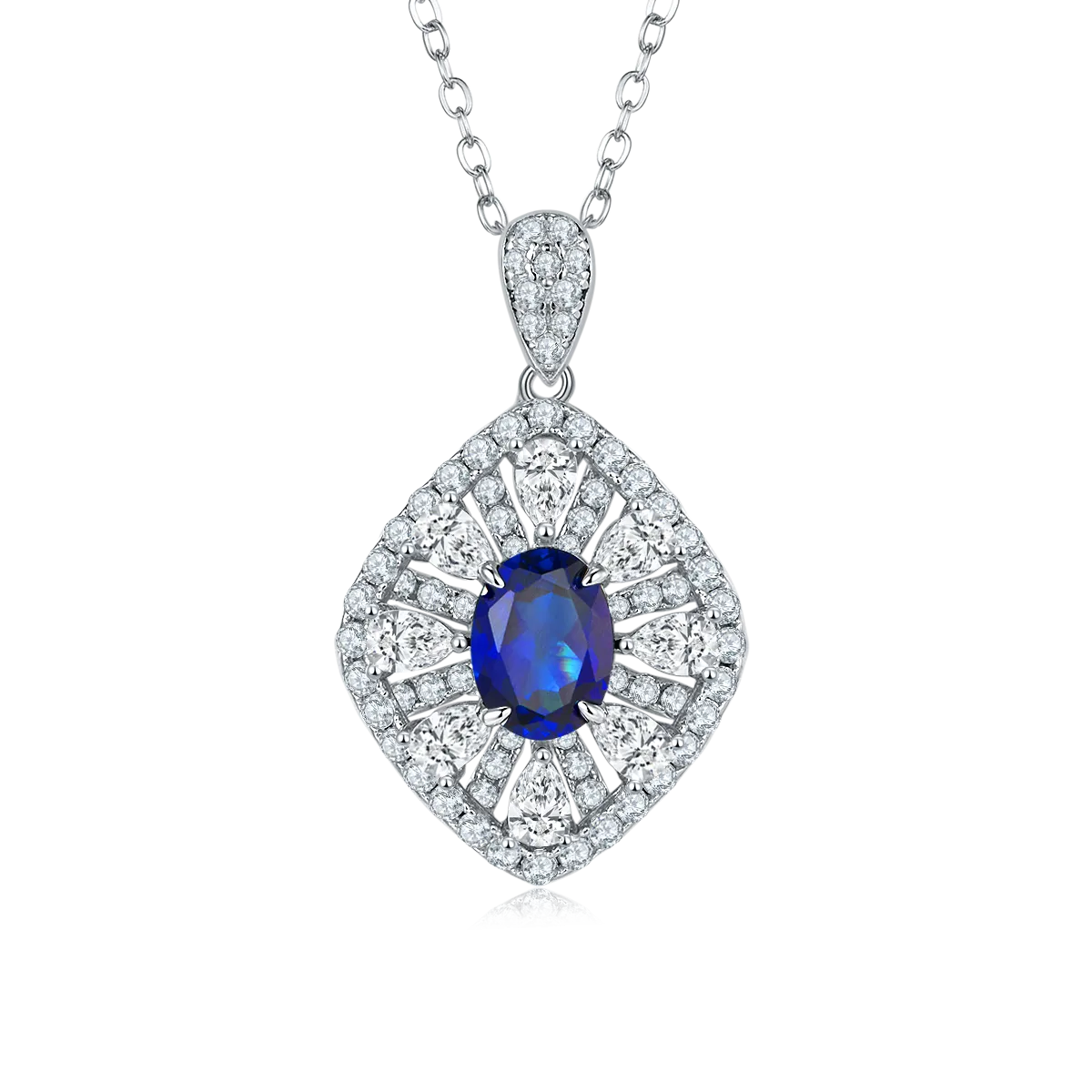 1.5 Carat Oval Lab Created Sapphire/Emerald Halo Necklace in S925 Silver Plated Platinum