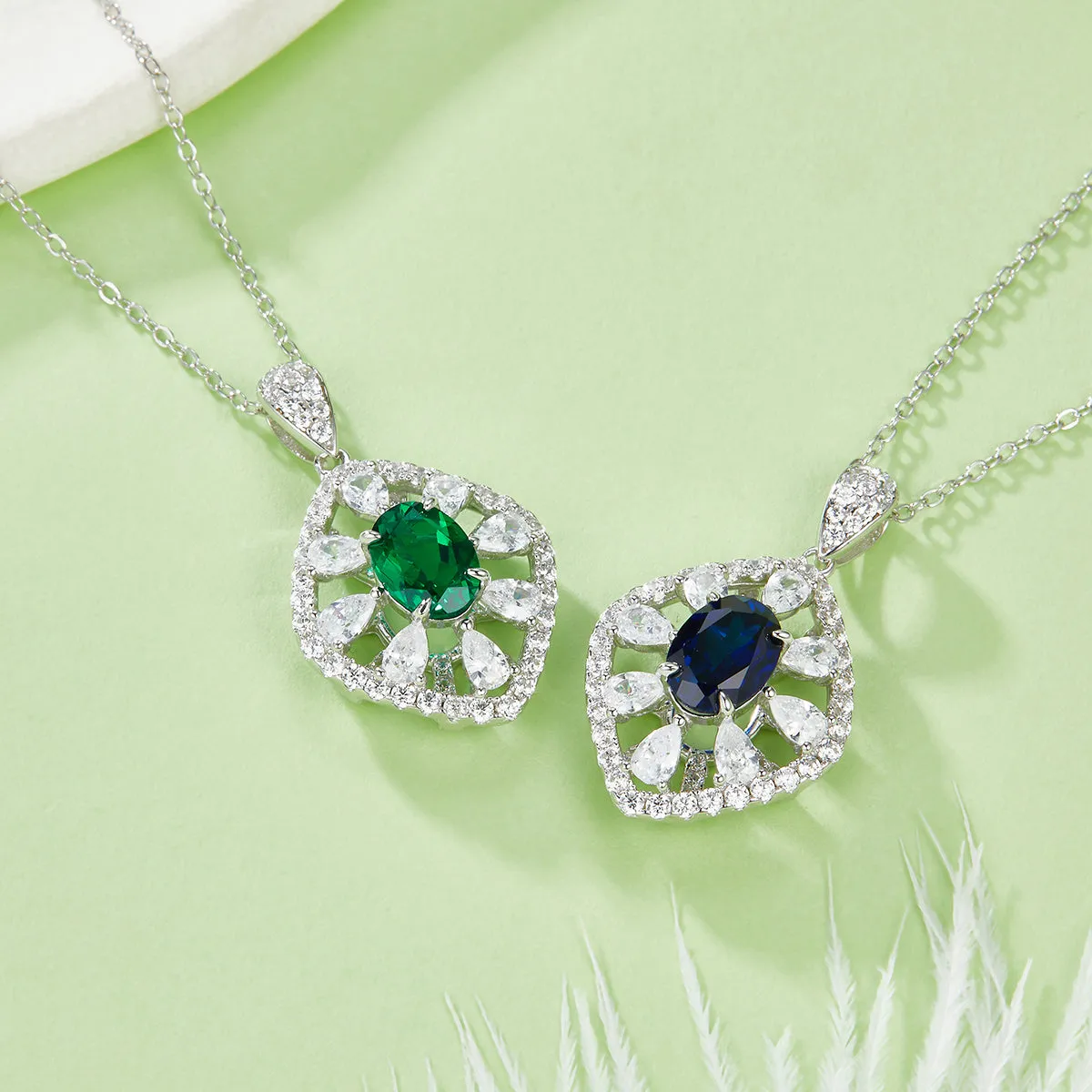 1.5 Carat Oval Lab Created Sapphire/Emerald Halo Necklace in S925 Silver Plated Platinum