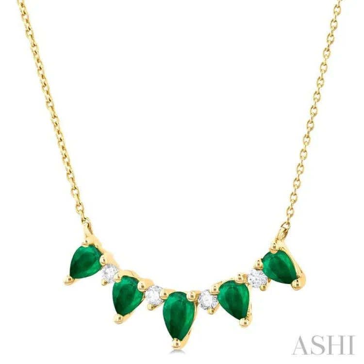 1/8 ctw Pear Cut 5X3 and 4X3MM Precious Emerald & Round Cut Diamond Necklace in 14K Yellow Gold