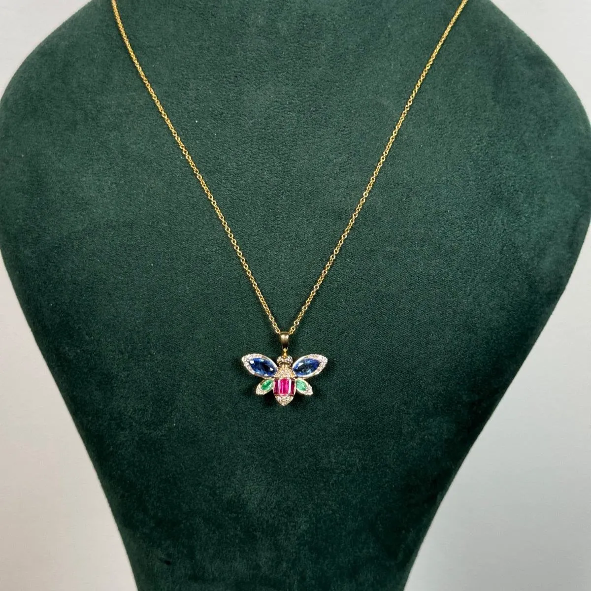 1.86ct Diamond Sapphire Emerald Ruby 14K Gold Bee Pendant Necklace