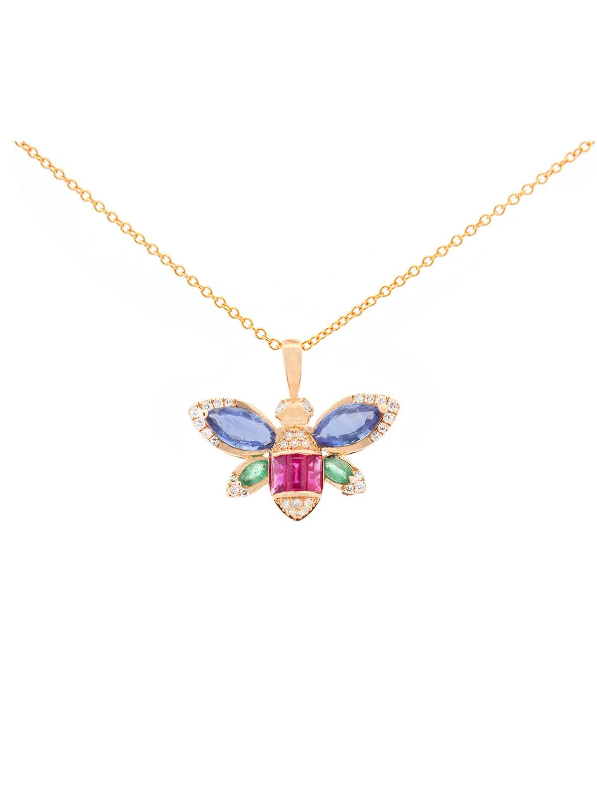 1.86ct Diamond Sapphire Emerald Ruby 14K Gold Bee Pendant Necklace