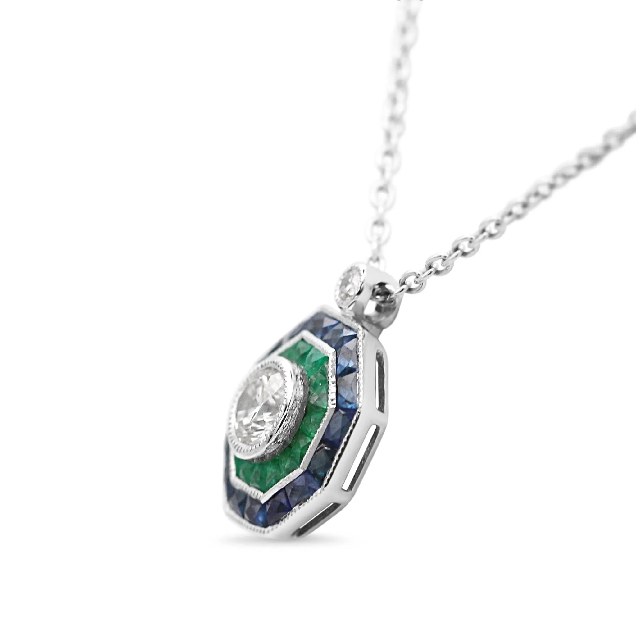 18ct White Gold Diamond, Emerald & Sapphire Cluster Necklace 18"