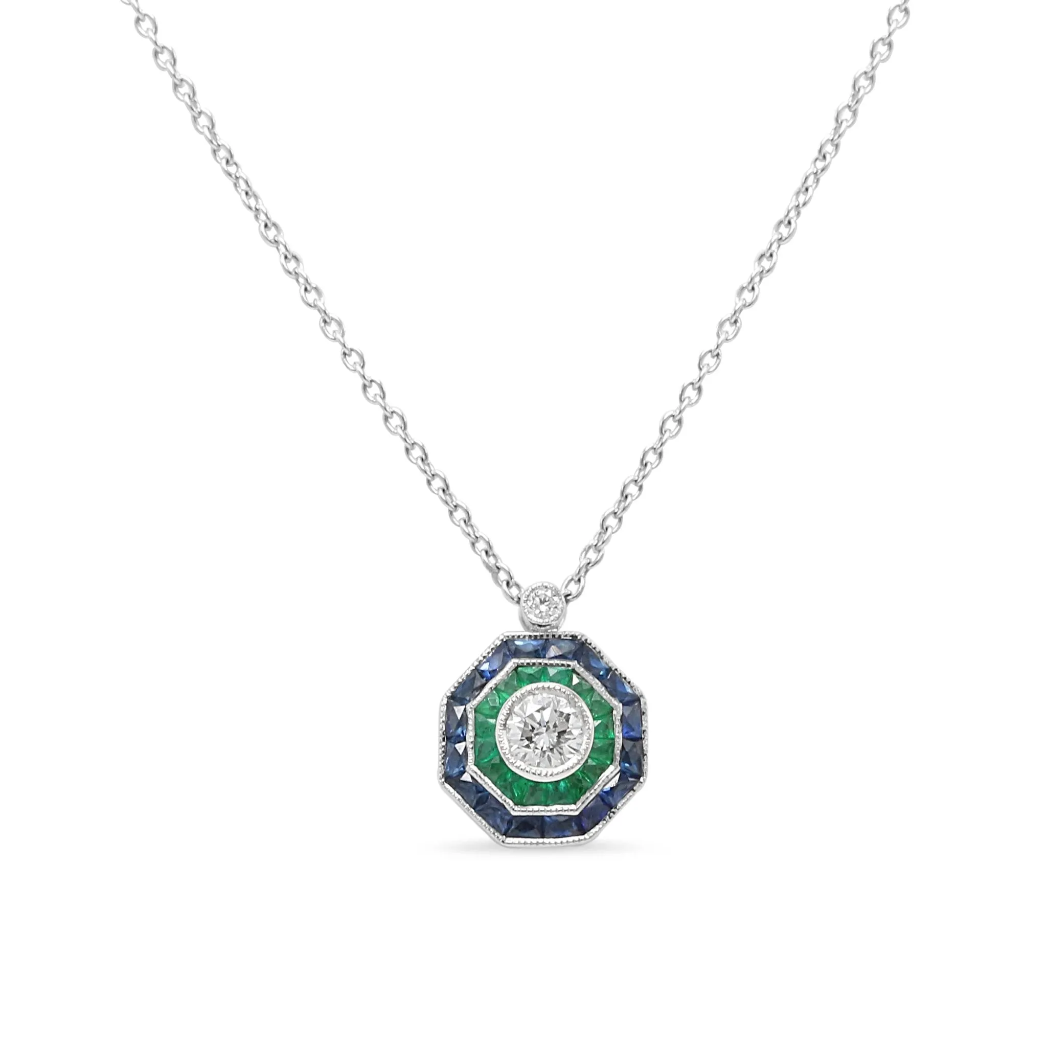 18ct White Gold Diamond, Emerald & Sapphire Cluster Necklace 18"