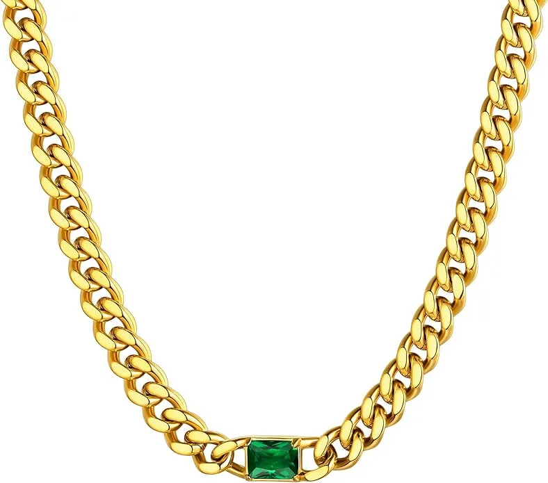 18K Gold Chain Emerald-cut Green Necklace