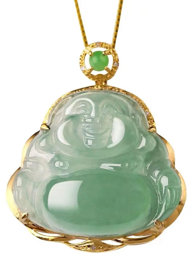 18K Gold Inlay Natural Ice Jadeite Jade Laughing Buddha「Happiness」Pendant Necklace for Men and Women