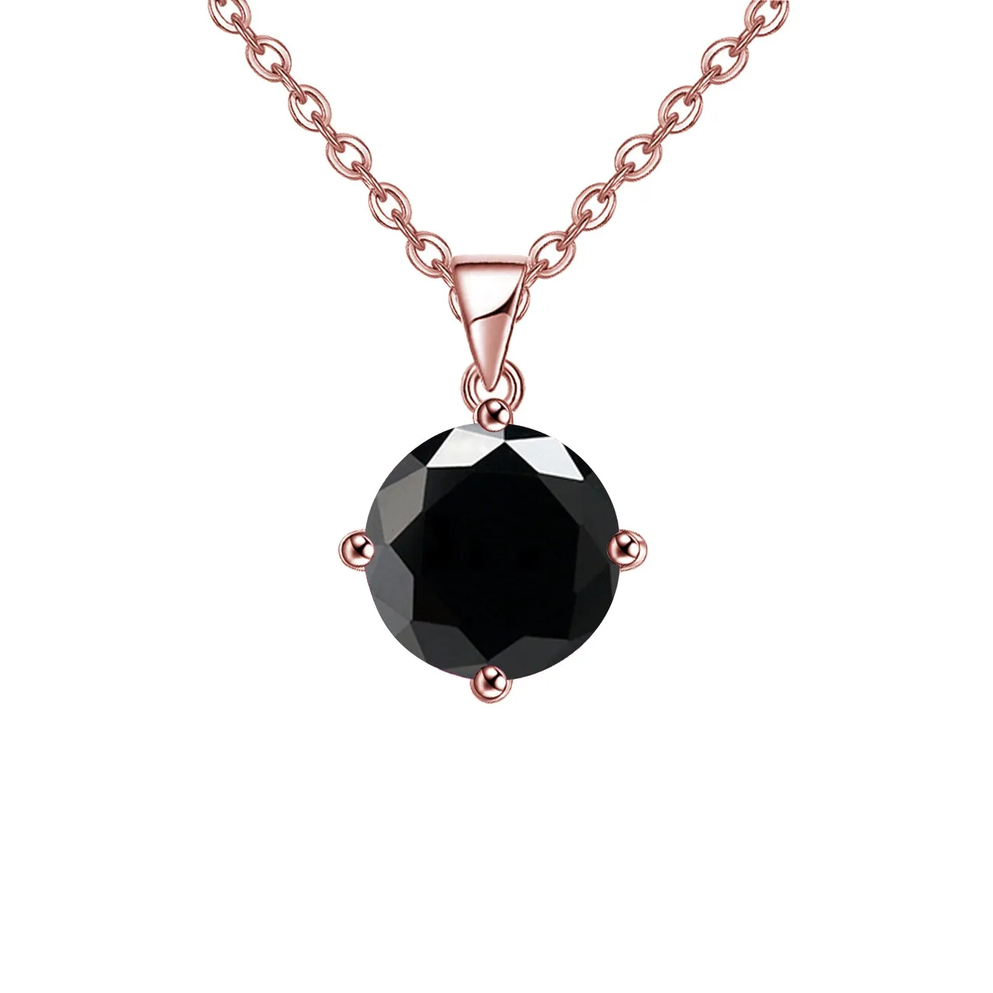 18K Rose Gold 1 Carat Created Black Sapphire Round Stud Necklace Plated 18 inch