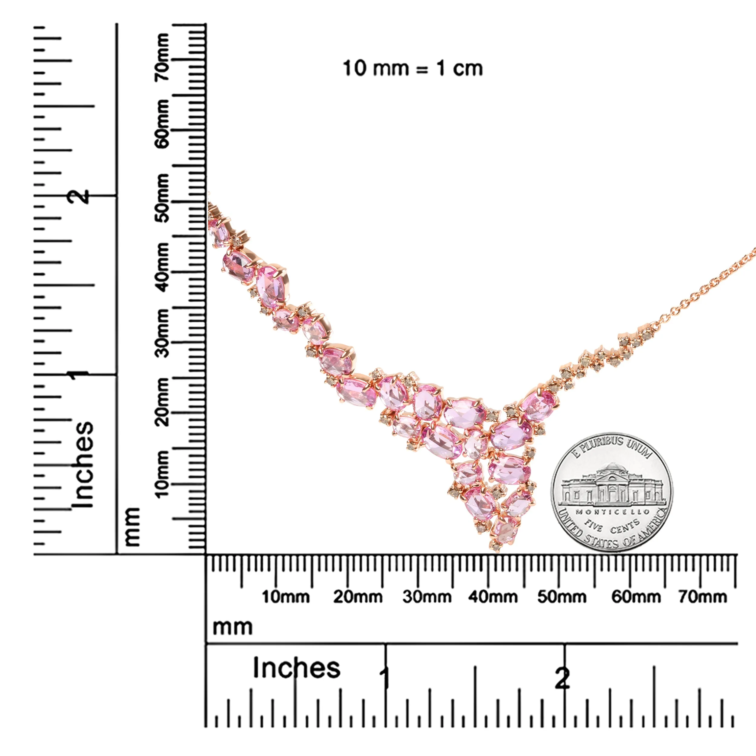 18K Rose Gold 1/2 Cttw Brown Diamond and Multi-Size Oval Pink Sapphire Cluster Cascade Statement Station Necklace