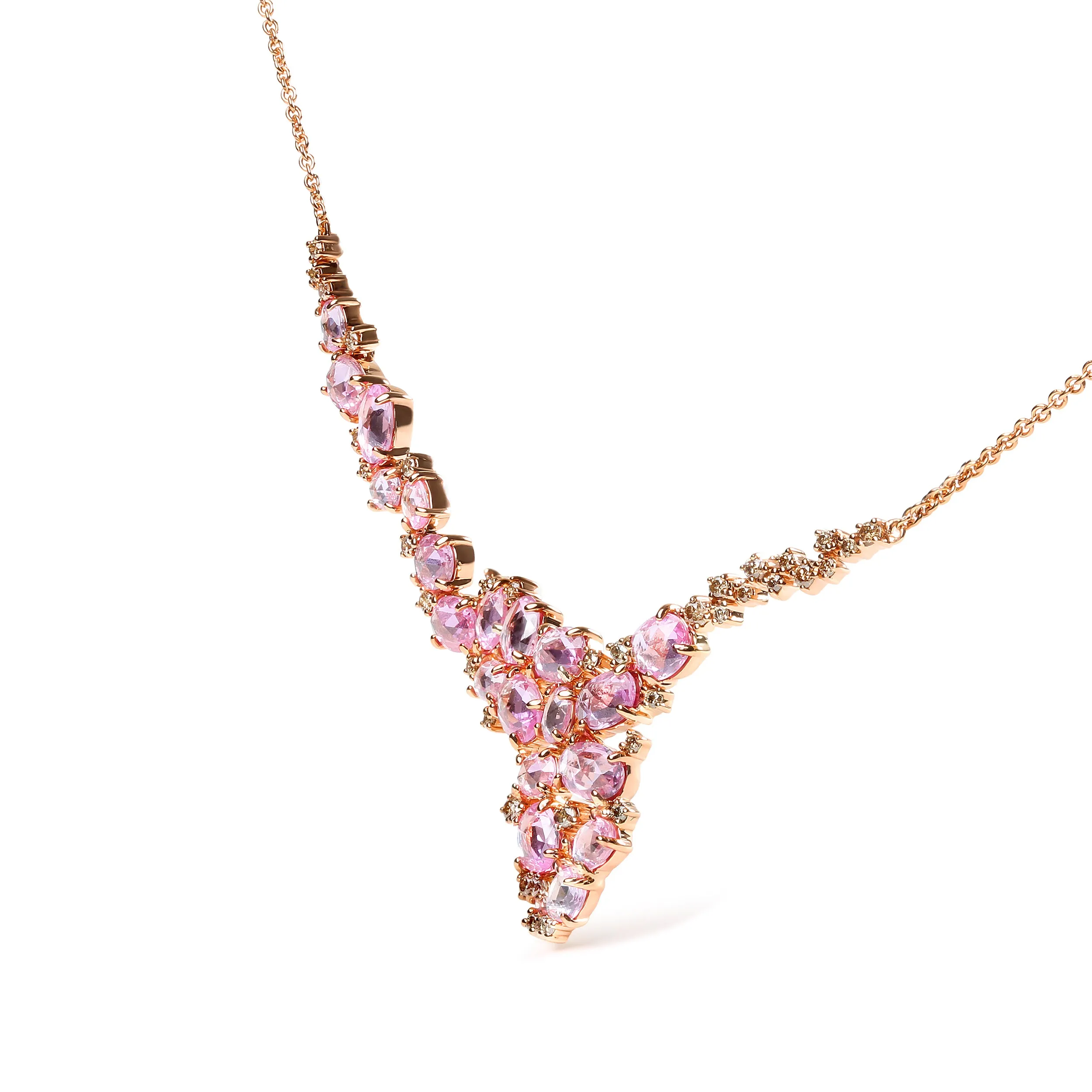 18K Rose Gold 1/2 Cttw Brown Diamond and Multi-Size Oval Pink Sapphire Cluster Cascade Statement Station Necklace