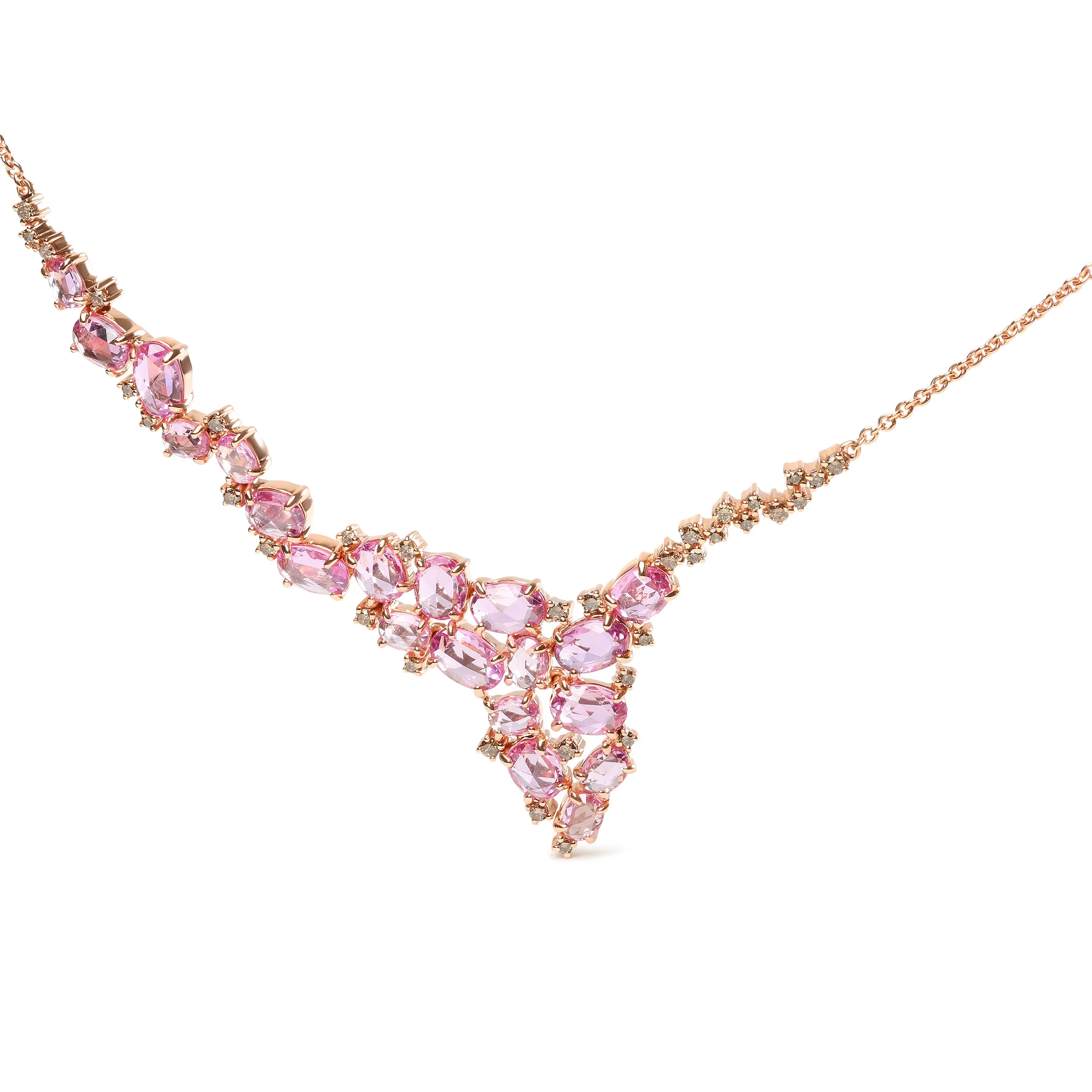 18K Rose Gold 1/2 Cttw Brown Diamond and Multi-Size Oval Pink Sapphire Cluster Cascade Statement Station Necklace