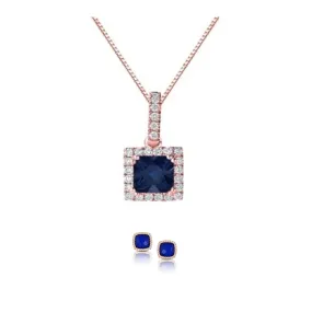 18K Rose Gold 1ct Halo Blue Sapphire Round 18 Inch Necklace and Square Halo Earrings Set Plated