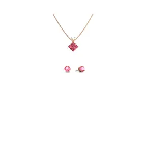 18K Rose Gold 2ct Pink Sapphire Princess Cut 18 Inch Necklace and Round Earrings Set Plated