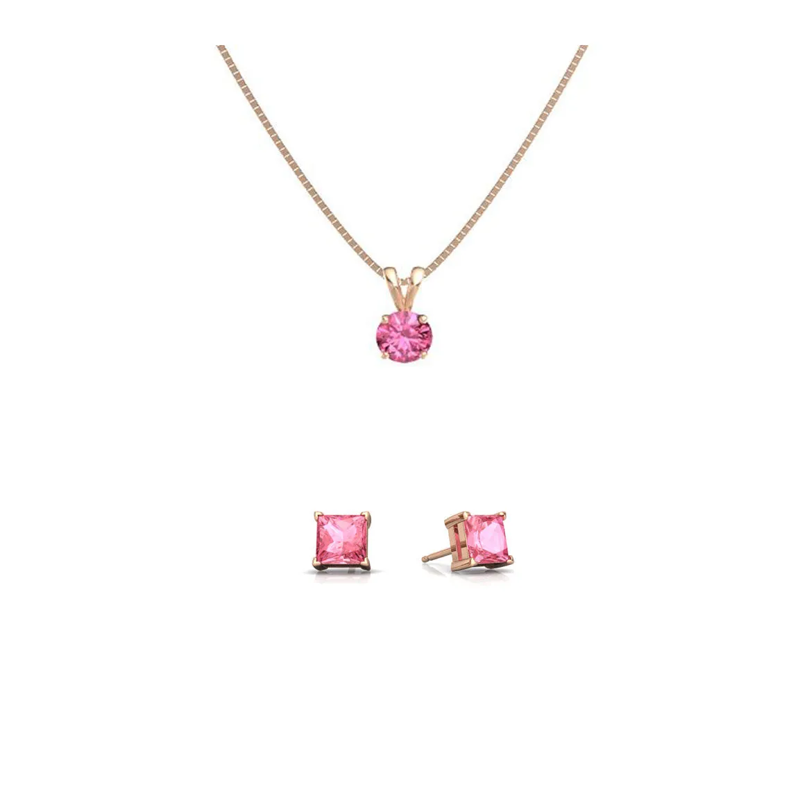 18K Rose Gold 2ct Pink Sapphire Round 18 Inch Necklace and Square Earrings Set Plated