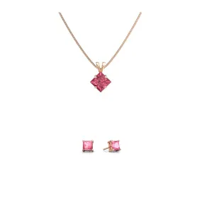 18K Rose Gold 2ct Pink sapphire Square 18 Inch Necklace and Earrings Set Plated