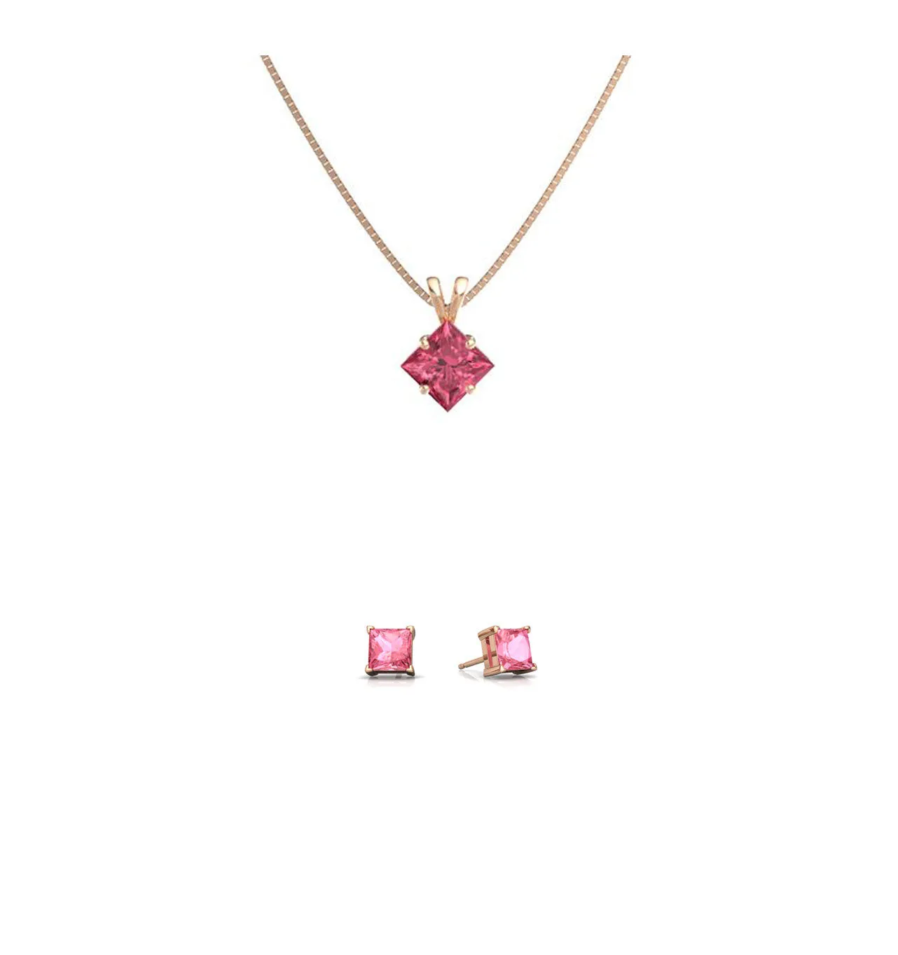 18K Rose Gold 2ct Pink sapphire Square 18 Inch Necklace and Earrings Set Plated