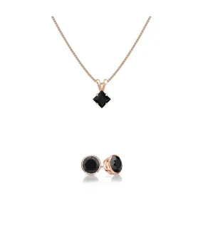 18K Rose Gold 3ct Black Sapphire Princess Cut 18 Inch Necklace and Round Earrings Set Plated