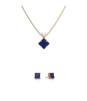 18K Rose Gold 3ct Blue Sapphire Square 18 Inch Necklace and Earrings Set Plated