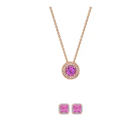 18K Rose Gold 3ct Halo Pink Sapphire Round 18 Inch Necklace and HaloSquare Earrings Set Plated