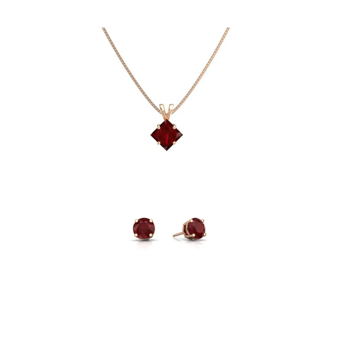 18K Rose Gold 3ct Ruby Square 18 Inch Necklace and Round Earrings Set Plated