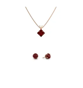 18K Rose Gold 3ct Ruby Square 18 Inch Necklace and Round Earrings Set Plated