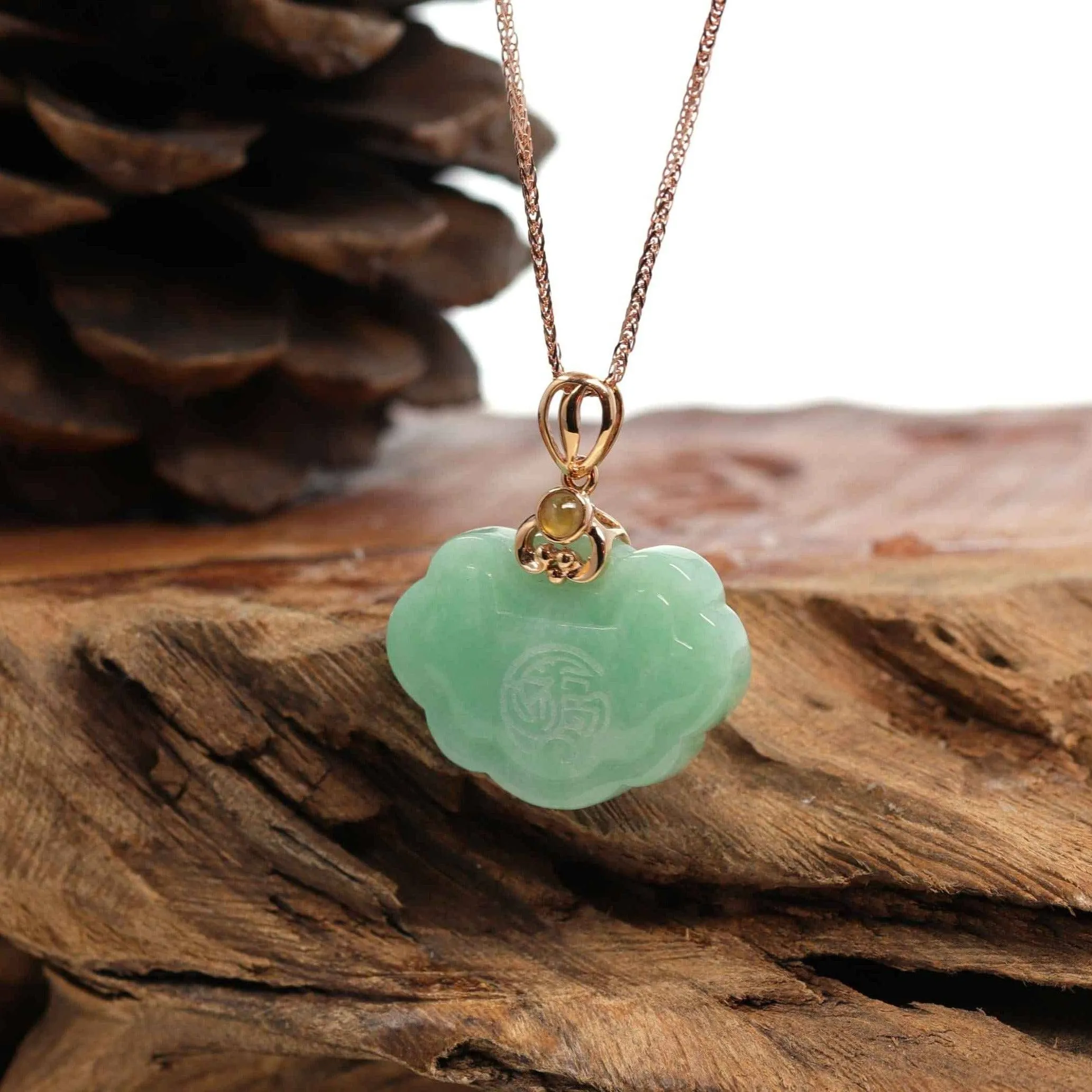 18k Rose Gold Genuine Burmese Green Jadeite Happiness ( Fu & Pingan ) Pendant Necklace