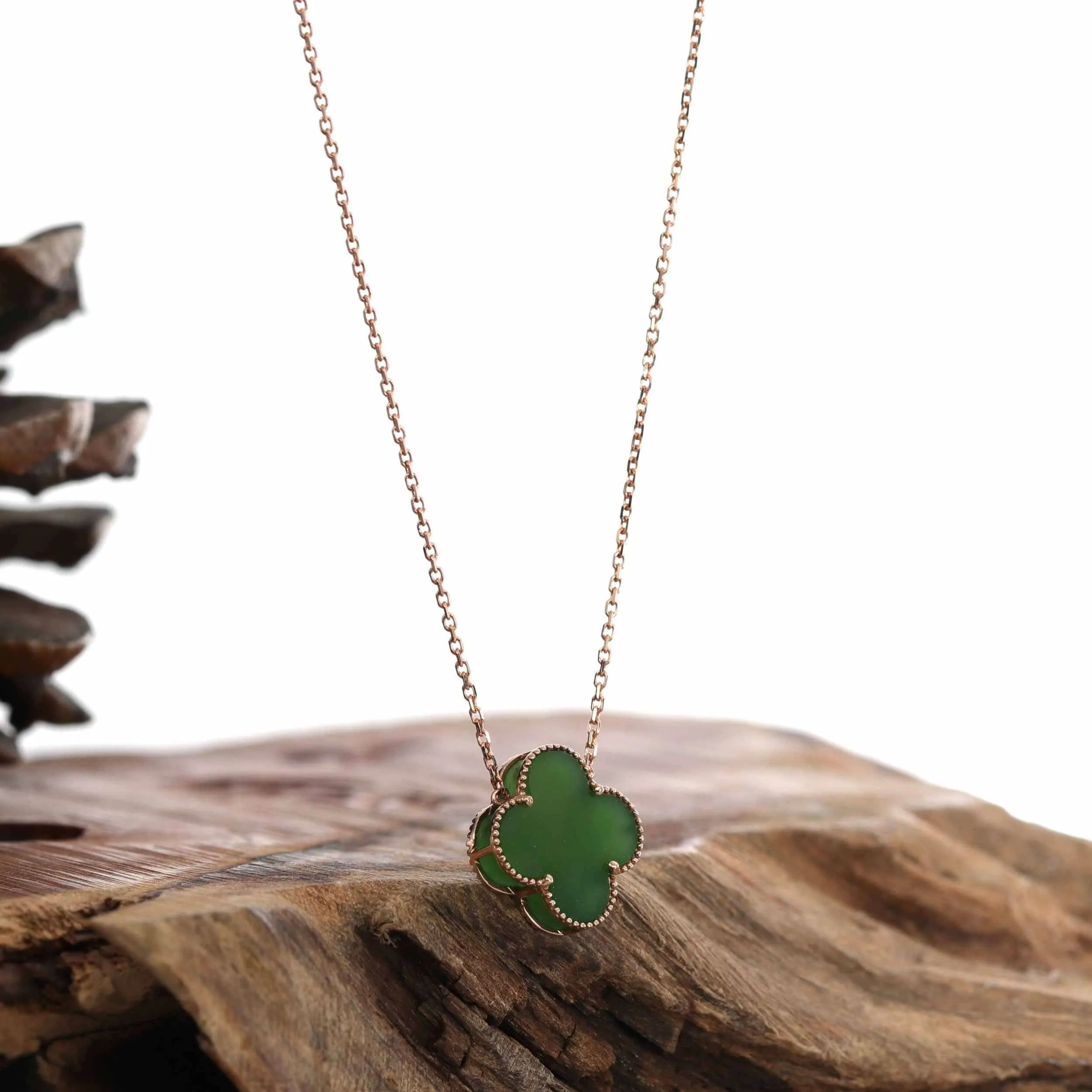 18k Rose Gold Natural Green Nephrite Jade Lucky Four Leaf Clover Necklace