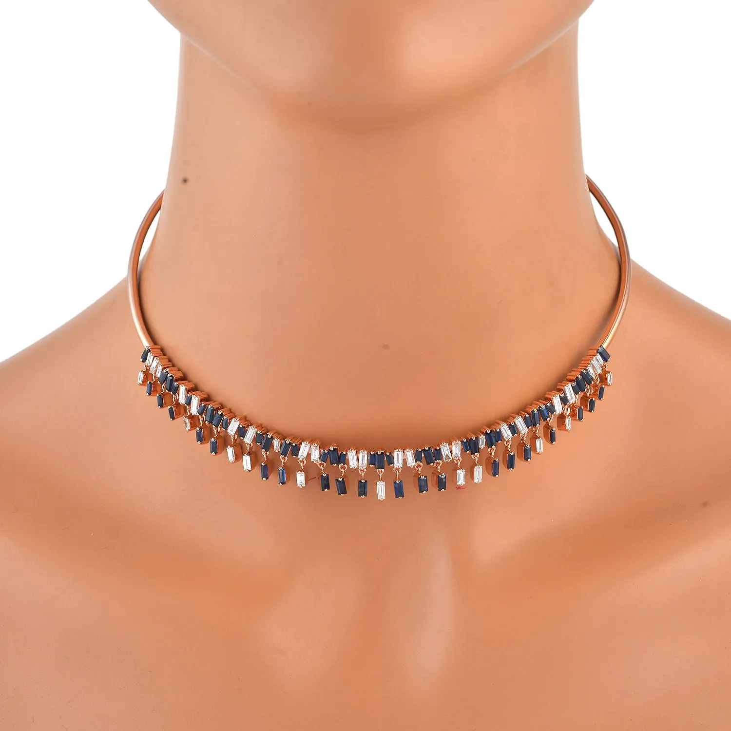 18k Rose Gold Prong Baguette Sapphire & Diamond Beautiful Cuff Choker Necklace