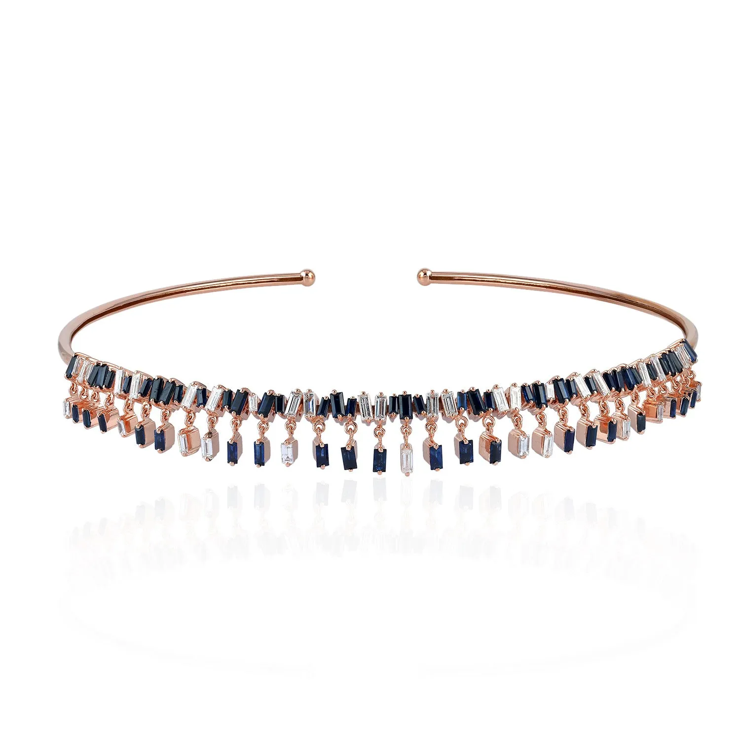 18k Rose Gold Prong Baguette Sapphire & Diamond Beautiful Cuff Choker Necklace