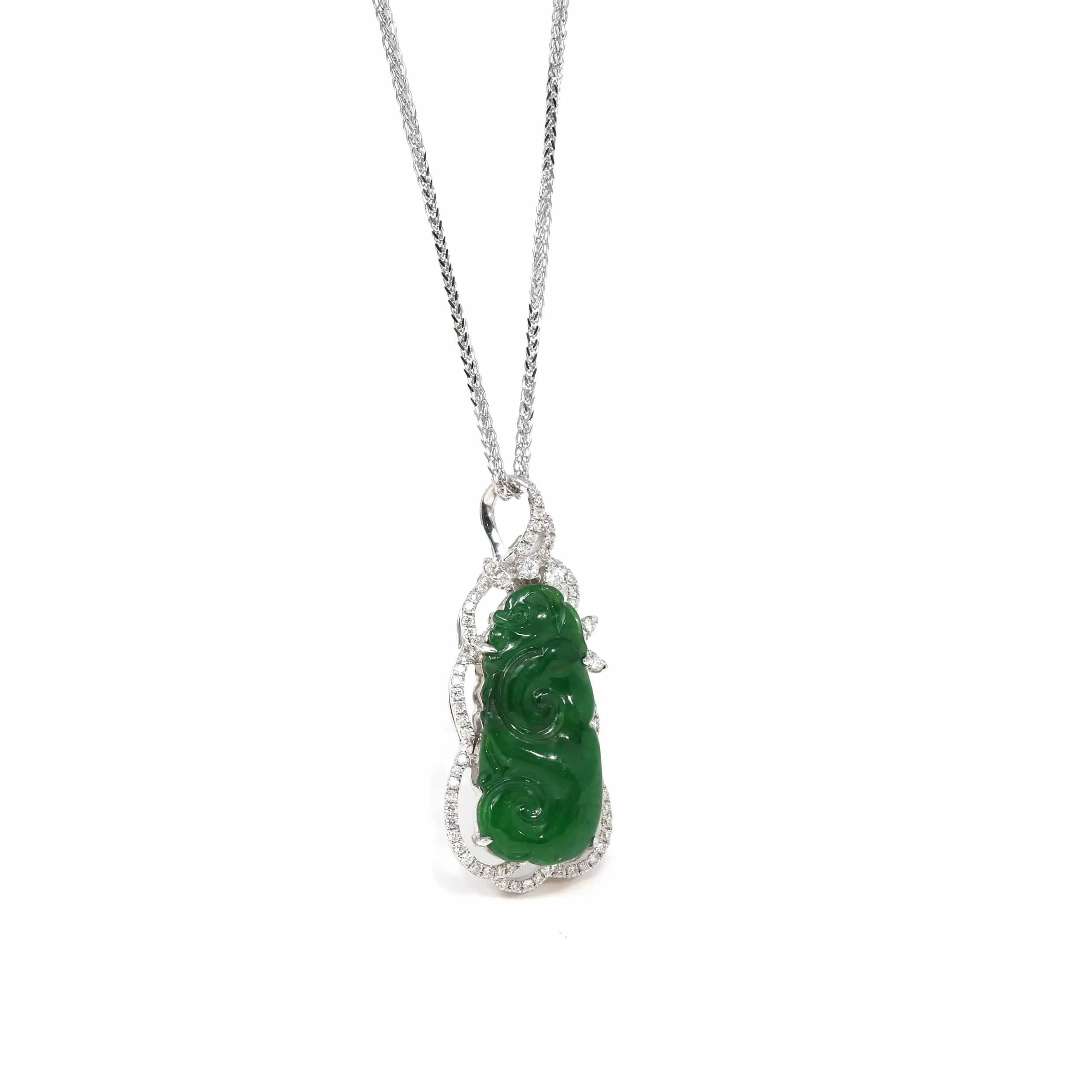 18K White Gold High-End Imperial Jadeite Jade Ru Yi "As you wish" Necklace with Diamonds