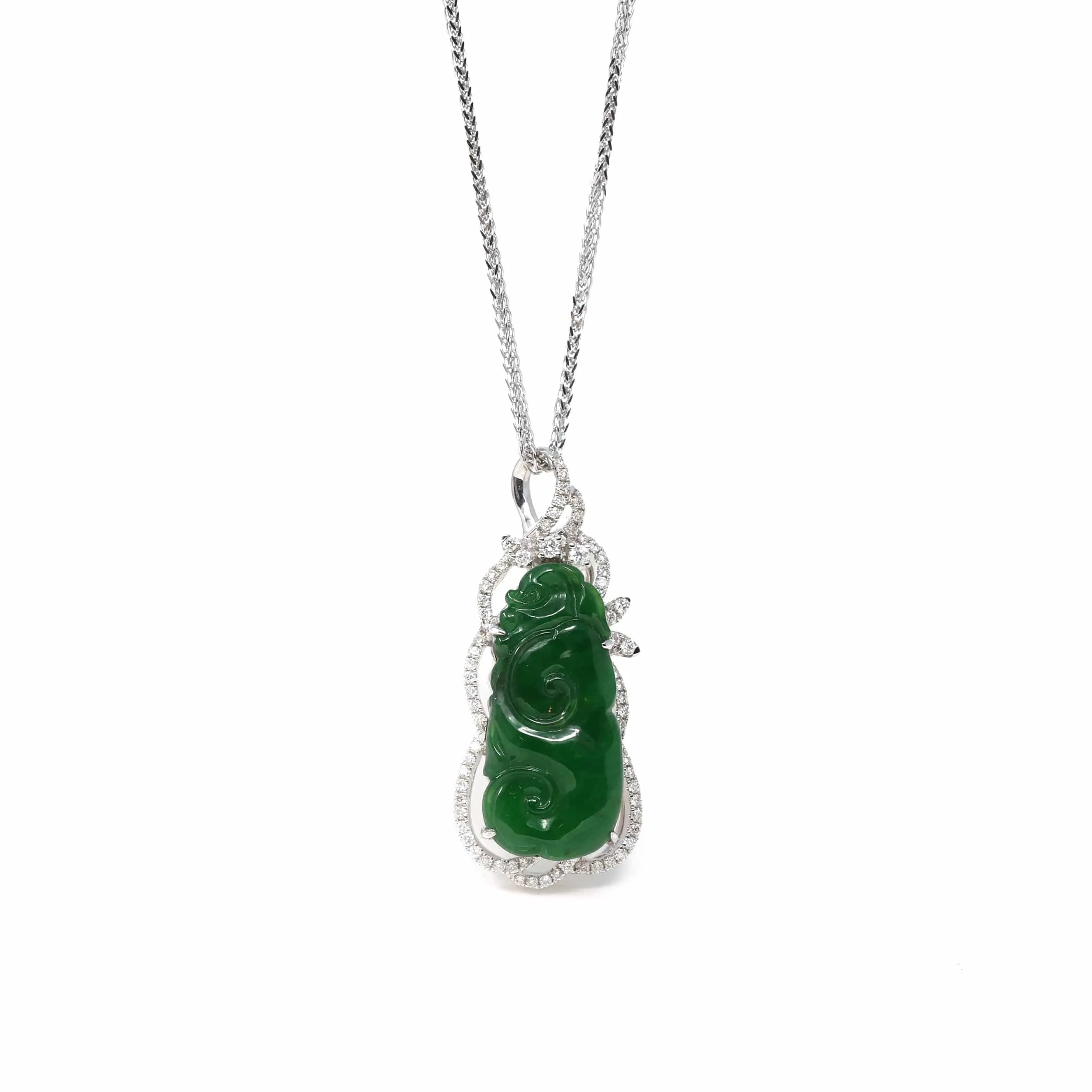 18K White Gold High-End Imperial Jadeite Jade Ru Yi "As you wish" Necklace with Diamonds