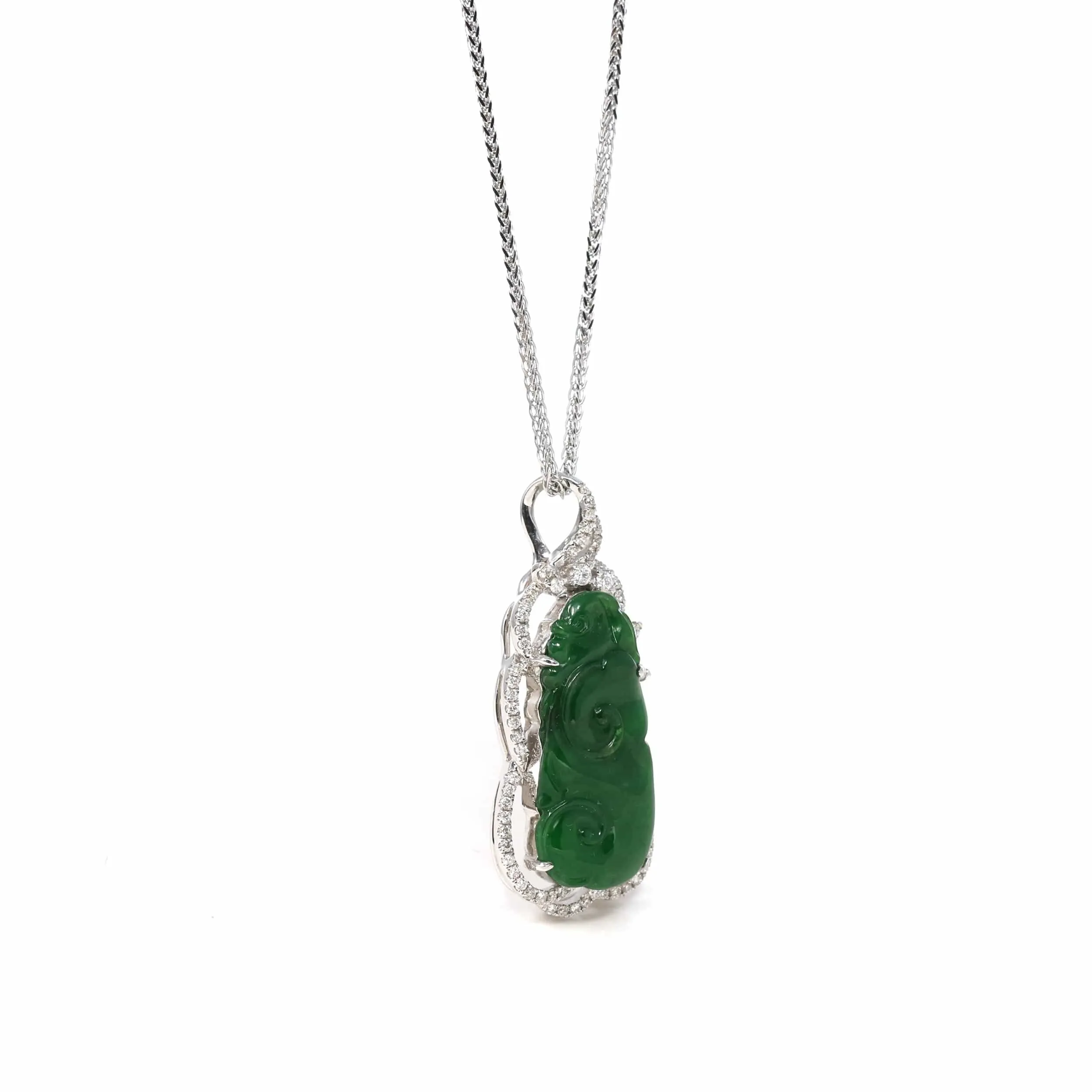 18K White Gold High-End Imperial Jadeite Jade Ru Yi "As you wish" Necklace with Diamonds