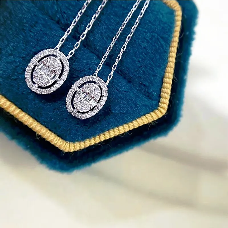 18K White Gold Pendant Necklace Real Diamond Pendant Oval Shape Halo Design Necklace Chain for Young lady