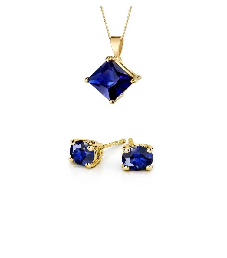 18K Yellow Gold 1/2ct Blue Sapphire Princess Cut 18 Inch Necklace and Round Earrings Set Plated