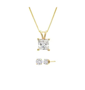 18K Yellow Gold 1ct White Sapphire Princess Cut 18 Inch Necklace and Round Earrings Set Plated